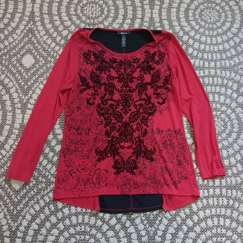 Y2K Long Sleeve T Shirt Womens Large Red with Velvet Texture Scuba Back Goth - Picture 6 of 11